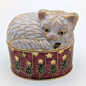 Vtg. Cloisanne Christmas Cat Trinket Box